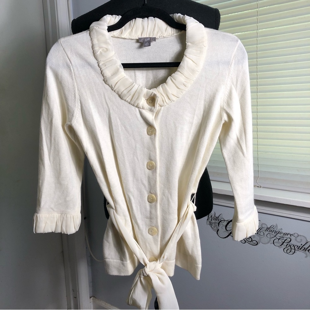 J Jill Sweater Women  size Small Petite Angora Blend Ivory Tie Waist 3/4…